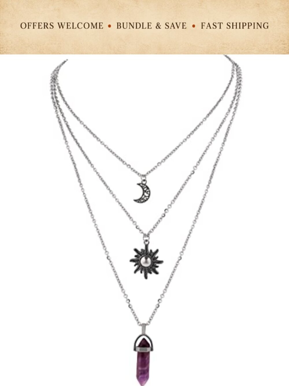 Gothic Layered Sun Moon Crystal Choker Necklace Set Stainless Steel Agate